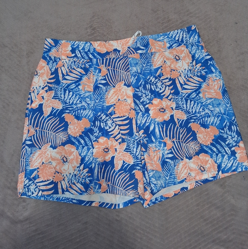🆕Columbia PFG Drawstring Hawaiian Floral Blue & Orange Womens Shorts Size LARGE